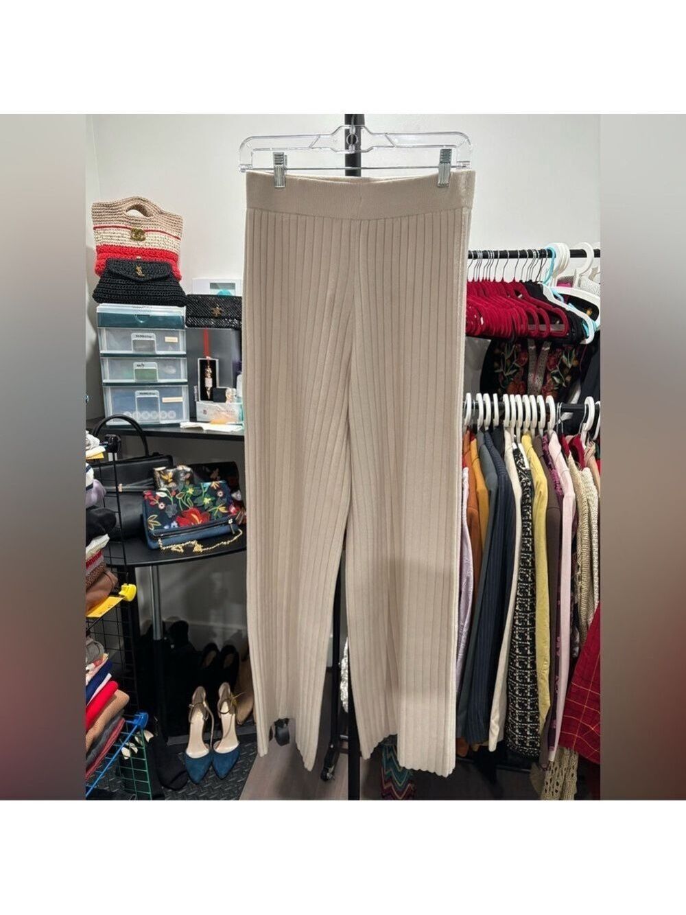 567. Sincerely Jules Beige Ribbed Women's Wide Leg Pants